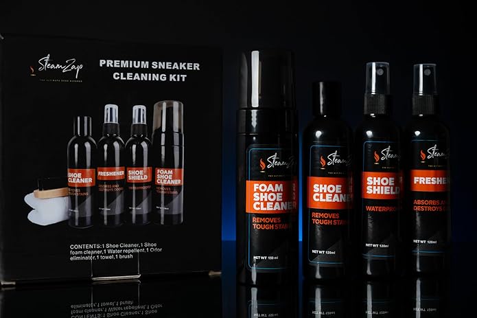 Shoe Cleaner Kit with Foam & All Fabric Cleaner, Shoe Shield Liquid, Deodoriser, Brush & Towel. Suitable for all types Suede, Sneakers, Canvas, Leather, Mesh, Woven, Knitted Shield,