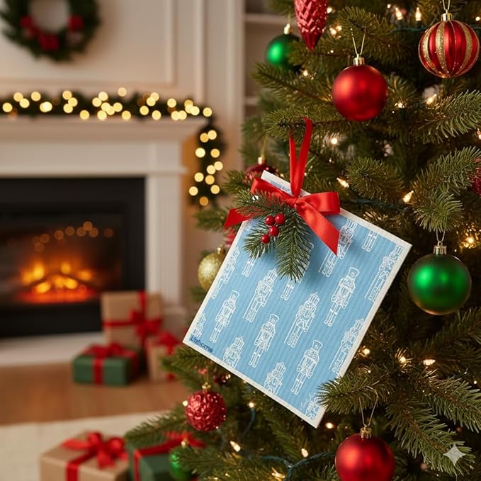 Christmas Holiday Swedish Dishcloth, Reusable Paper Towel, Super Absorbent Cellulose Sponge, Washable Kitchen Cleaning Cloth (Frosted Nutcrackers - 1 Pack)