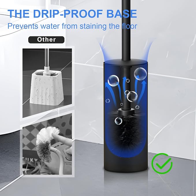 304 Stainless Steel Toilet Bowl Brush and Holder Set, Circular Floor Toilet Brush Holder, Long Handle, Bathroom Heavy-Duty Cleaner, High-End Cylinder Wall, 2 Brush Head (Black) YIGUANXIN