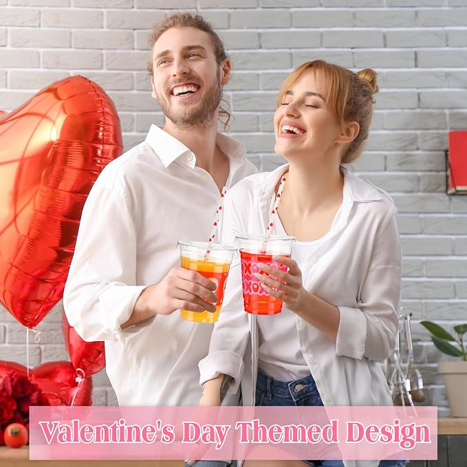 Yaomiao 300 Pcs 12 oz Valentine's Day Plastic Party Cups with Lids and Straw Valentine's Day Plastic Cup Heart Disposable Clear Tumbler Red Pink Disposable Drinking Set for Party Supply