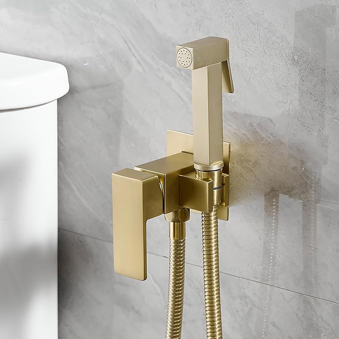Wall Mounted Bidet Sprayer Set, Warm Water Bidet Sprayer Faucet for Toilet with Hot and Cold Brass Valve, Stainless Steel Square Handheld Bidet Attachment Set, Brushed Gold