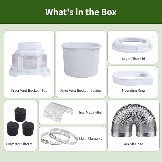 2026 Exclusive 3-in-1 Indoor Dryer Vent Kit with Silver Dryer Vent Hose - Dryer Lint Catcher Box Water Filter Bucket - Indoor Dryer Lint Trap for Electric Dryer