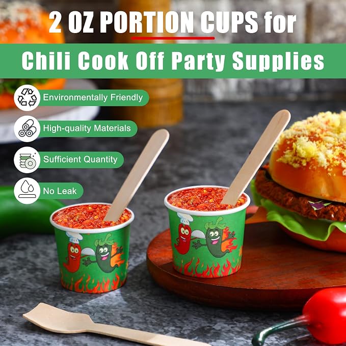 Teenyyou 400 Pcs Chili Cook off Tasting Cups Set, 200 Pcs 2 oz Mini Chili Cookoff Paper Cups and 200 Wooden Spoons Pepper Cook off Party Decorations for Competition Prize Party Cooking Supplies(Green)