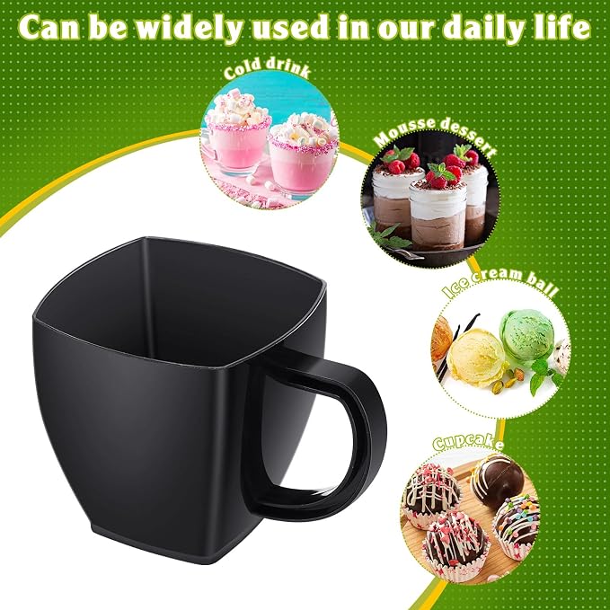 Amyhill 100 Pcs 5 oz Disposable Tea Cups Bulk with Handle Mini Hard Plastic Coffee Mug Square Disposable Espresso Cups for Tea Party Wedding Catering Dessert Sampling (Black)