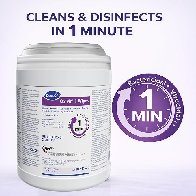 Oxivir Diversey 1 Disinfectant Wipes, AHP Hydrogen Peroxide Cleaner, Multi-Surface Cleaner for Home & Commercial Use, Large Wipes, 60 Count Canister, Case of 12