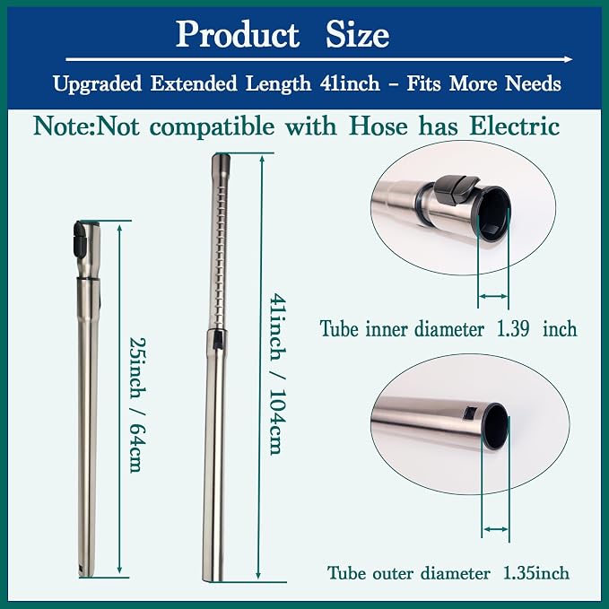 Upgraded Stainless Steel Vacuum Extension Wand, Extends Up to 41 Inch, 1-3/8” (35mm) Telescopic Metal Tube Compatible with Miele C1 C2 C3 S4 S5 S8 S10 Canister Vacuums, Non-Electric Replacement Wand