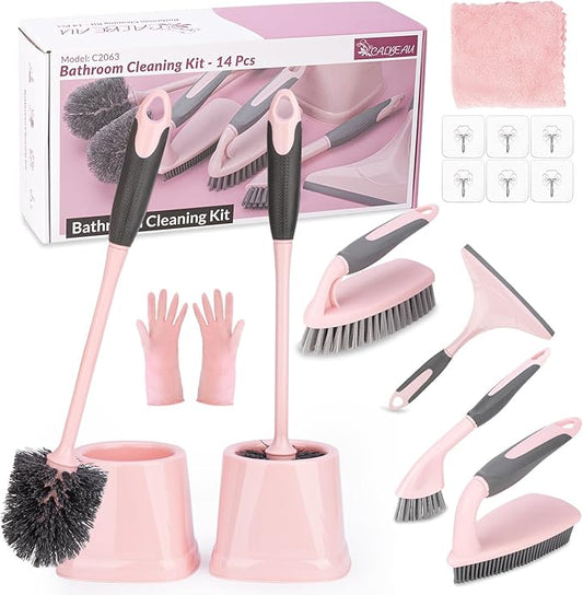 CALBEAU Toilet Brush, 2 Pack Toilet Scrubber Brush and Holder Set Bathroom Accessories, 14 Pcs Bathroom Cleaning Kit, Pink Toilet Bowl Brush and Holder with 5 Brush for Bathroom Bathtub Washbasin
