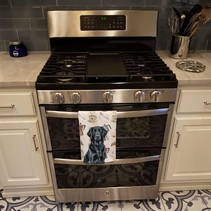 Caroline's Treasures Black Flat-Coated Retriever Coffee Bar Kitchen Towel Velour Plush Front and Cotton Loop Back Machine Washable