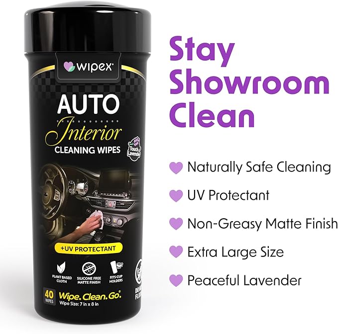 Wipex Auto Interior Car Cleaning Wipes - Plant Based Car Wipes - Lavender Essence, UV Protectant, Safe for Vinyl, Rubber, Plastic, Leather, Chrome, Non-Greasy Matte Finish, 40 Count (Pack of 12)