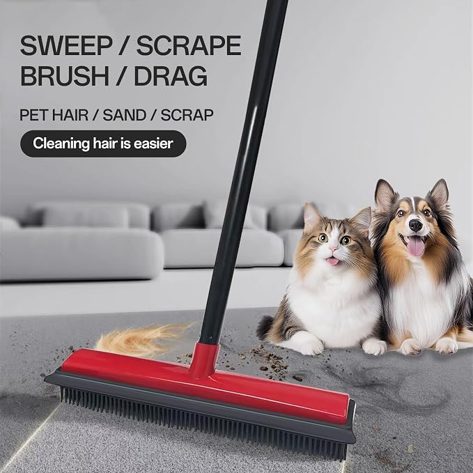 Pet Hair Rubber Broom with Squeegee for Carpet,Fur Remover Broom Carpet Rake for Pet Hair Removal, with 50"（130cm） Long Handle, Dual-Sided for Hardwood Floor, Tile,Portable Detailing Lint Brush-Red