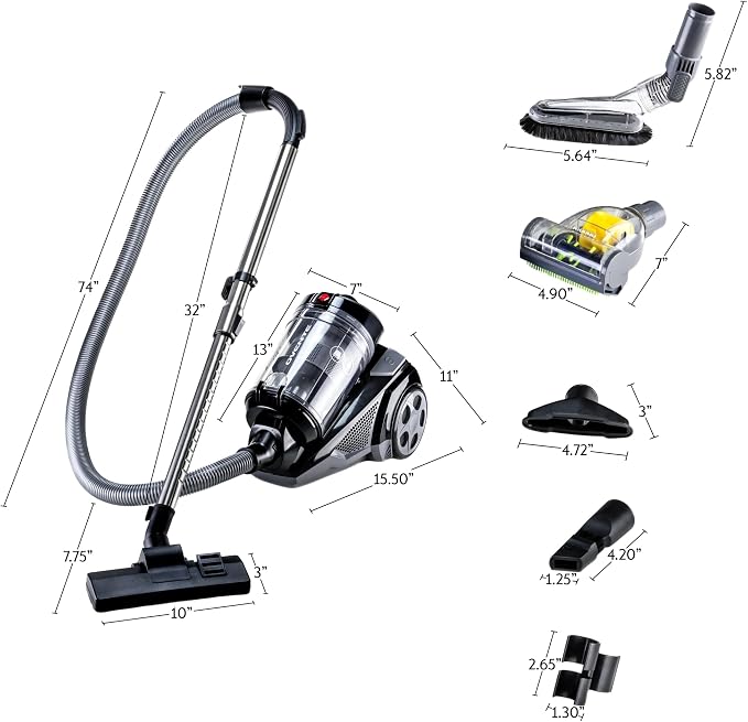 OVENTE Bagless Canister Vacuum Cleaner with 3L Dust Cup, Powerful Suction, Telescoping Wand, Retractable Cord and Accessories, 1400W Lightweight Cleaning Machine for Carpet & Hard Floor, Black ST2620B