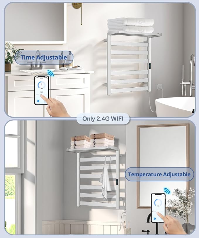 WiFi Heated Towel Rack Wall Mounted, Electric Towel Warmer with Foldable Bracket, Stainless Steel, LED Built-in Timer, Plug-in, Temperature & Timing Control, 6 Bars, Brushed Nickel