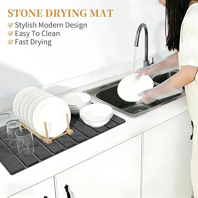 Stone Dish Drying Mat for Kitchen - Grey Kitchen Counter Mats Quick Dry for Dishes Cups - Foldable Super Absorbent Diatomaceous Earth Drying Coasters Multi-Purpose (24"×16"/ 8"x4")