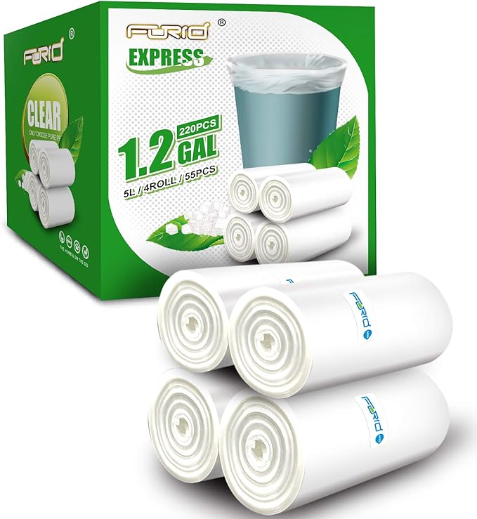 FORID Clear Small Trash Bags, 1.2 Gallon Garbage Bags, Wastebasket Bin Liners 220 Count Plastic Trash Bags for Bathroom Bedroom Office Garbage Can 5 Liters - Durable & Thick Trash Bag