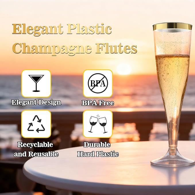 Bestluck 100 Pack Champagne Flutes Plastic, 4.5 oz Gold Glitter Plastic Disposable Stemware with Gold Rim, Disposable Champagne Flutes for Party, Mimosa Bar, Wedding, Anniversary and Graduation