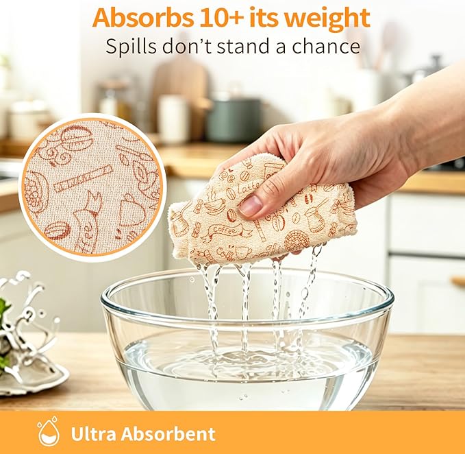 Microfiber Cleaning Cloth Roll, 50-Count Reusable Durable Absorbent Lint-Free Non-Scratch Towels, Dish Rags for Kitchen & Home, Studio, Multi-Purpose, Food Pattern, 12x12 in