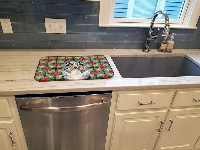 Caroline's Treasures Blue Merle Sheltie Christmas PoinsettIas Dish Drying Mat Absorbent Dish Drying Mat Pad for Kitchen Counter Dish Drainer Mat for Countertop, 14 x 21", Multicolor