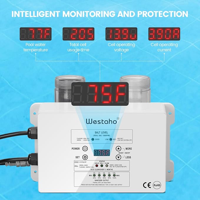 Salt Chlorine Generator, Westaho Salt Water Pool Chlorinator System with USA-Made Titanium Cells, for Above Ground Pools Up to 15,000 Gallons, Compatible with Intex Pools, IP66 Waterproof