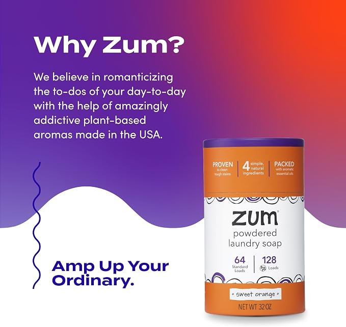 Zum Powdered Laundry Soap by Indigo Wild - Plant-Based Laundry Soap with Baking Soda, Coconut Oil & Essential Oils - 64 Loads (32 oz) - Sweet Orange