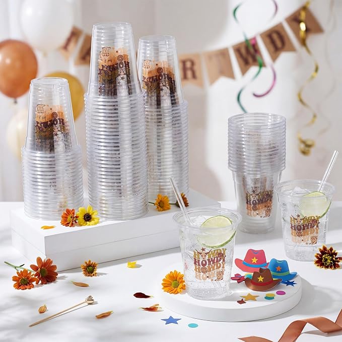 100 Pcs Western Cowboy Plastic Cups 12 oz Brown Howdy Disposable Plastic Cowboy Drinking Cups Bulk for Western Boho Preppy Baby Shower Birthday Wild West Party Decoration Supplies