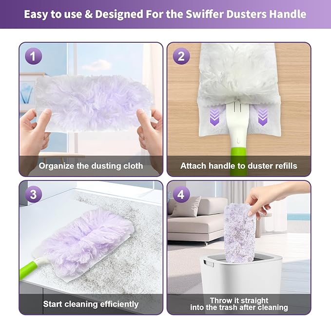 50 Count 360° Multi-Surface Feather Duster Refills, Compatible with Swiffer Dusters, Thickened Heavy-Duty Material Disposable Dusters Kit Includes 2 Handle for Efficient Cleaning