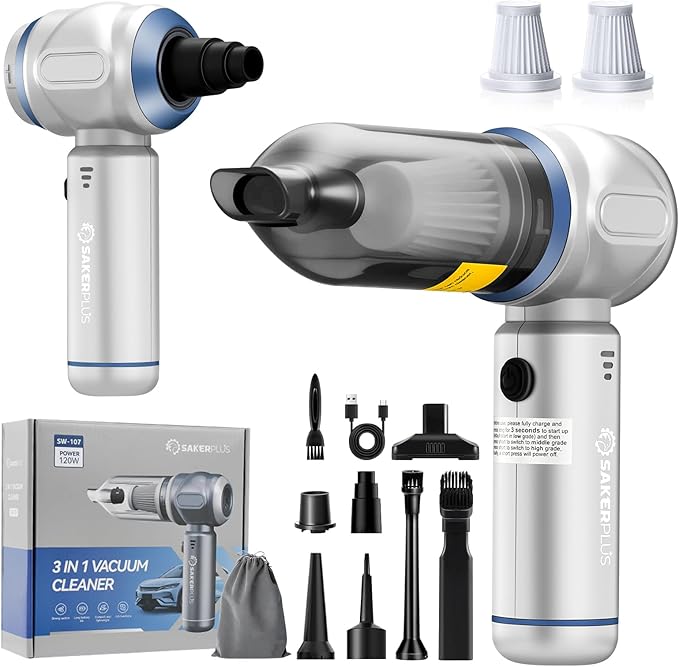 SakerPlus Car Vacuum Portable Cordless, 3-in-1 Hand Held Mini Vacuum Cleaner 17500PA High Power, Handheld Vacuum & Air Duster for Suction, Blowing, Inflating & Deflating, Ideal for Car Home Office