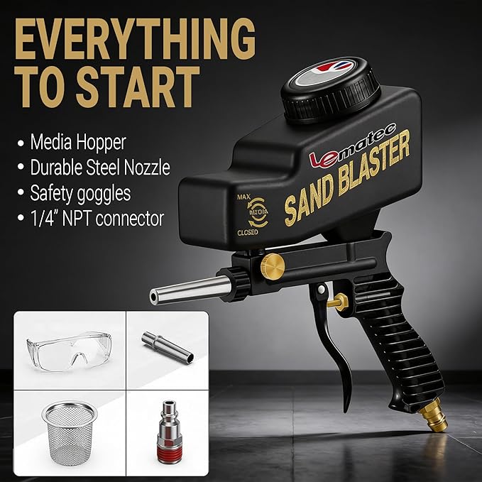 LE LEMATEC Portable Sand Blaster Gun Kit | Gravity Feed Air Tool for Rust Removal, Glass Etching & Paint Stripping | Requires 4 CFM @ 90 PSI Air Compressor - Sandblasting Steel Nozzle