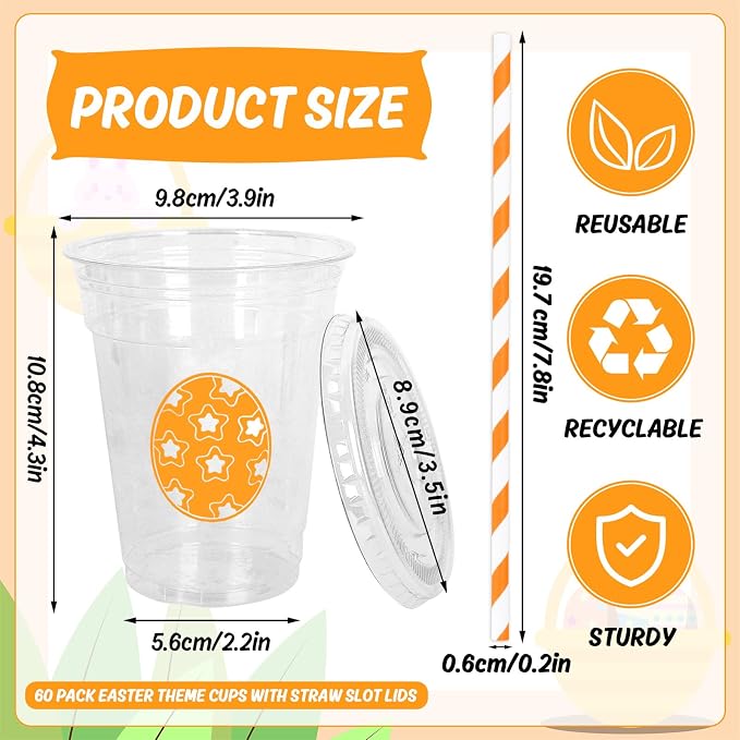 Whaline 60Pcs Easter Disposable Plastic Cups with Lids and Straws 12Oz Colorful Egg Pattern Cold Beverage Drinking Cup for Spring Holiday Birthday Party