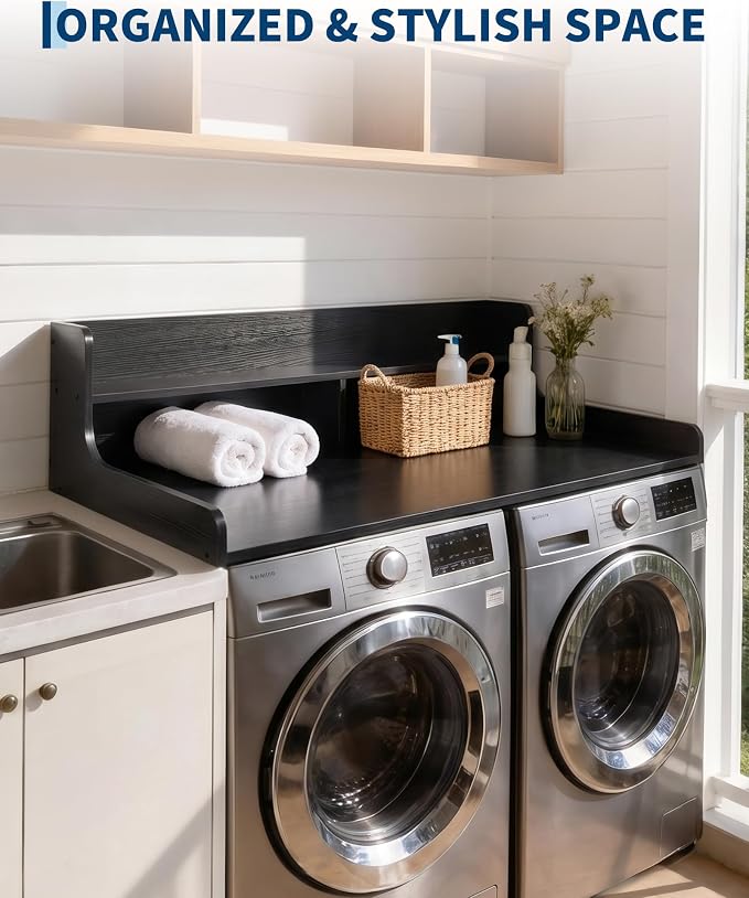 Takywep 2 Tiers Washer Dryer Countertop, 54" x 27.5" Washer Dryer Topper with Edge, Washer and Dryer Laundry Topper with Anti-Slip Pads & Anti-Vibration Mat, Black