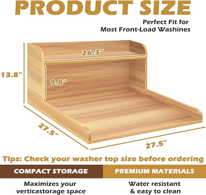 Royxen Washer Dryer Countertop with Shelf,2-Tier Laundry Countertop for Single Washer and Dryer,Soild Wood Core Washer Dryer Topper for Laundry Room Organization (Oak)