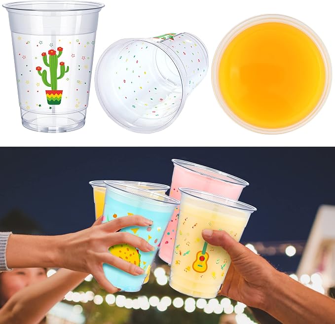 meekoo 100 Pcs 12 oz Fiesta Cup Plastic Mexican Cup Clear Disposable Margarita Glasses Cinco De Mayo Party Decorations for Taco Bout Bar Night Tequila Birthday Party Drinkware Supplies, 4 Style