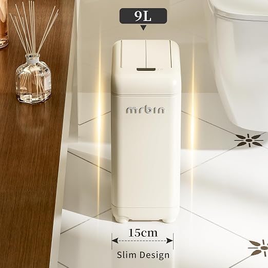 MRBIN 9L Slim Automatic Trash Can with Butterfly Lid, 2.4Gal Touchless Sensor Waste Bin, Waterproof Splash-Proof Design, Narrow Garbage Container for Bathroom, Bedroom, Small Spaces, Cream White