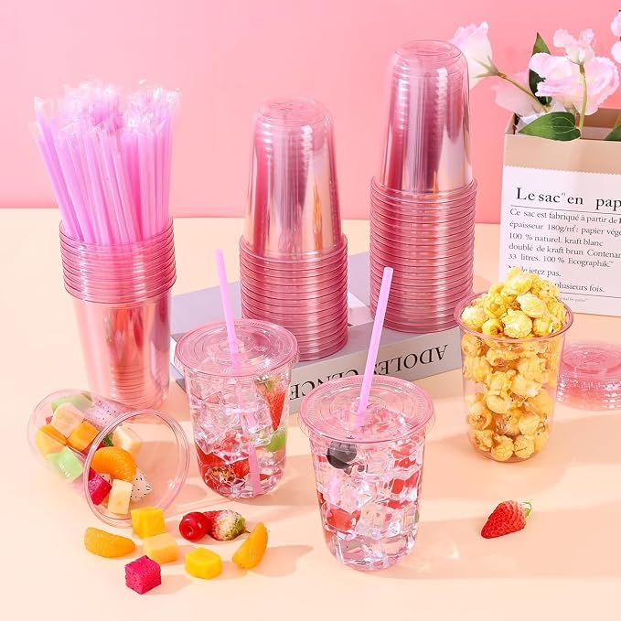 KesaPlan 100 Pack 16 oz Pink Plastic Party Cups with Lids and Straws, Disposable Iced Coffee Cup with Lids, Round Bottom Drinking Cups for Birthday Wedding Valentine's Galentine's Bachelorette Party