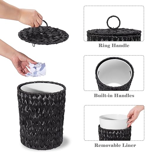 Woven Trash Can with Lid and Liner, 2.6 Gallon Bathroom Garbage Can, Decorative Handwoven Plastic Wicker Waste Basket for Bathroom, Bedroom, Living Room, Office, Home, Black