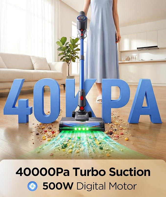 S10 Cordless Vacuum Cleaner, 40KPA/500W/45Mins, LED Display, 8-in-1 Lightweight Stick Vacuum Cleaners for Home with Green LED Light, 6-Stages Filtration, Self-Standing Design, Blue