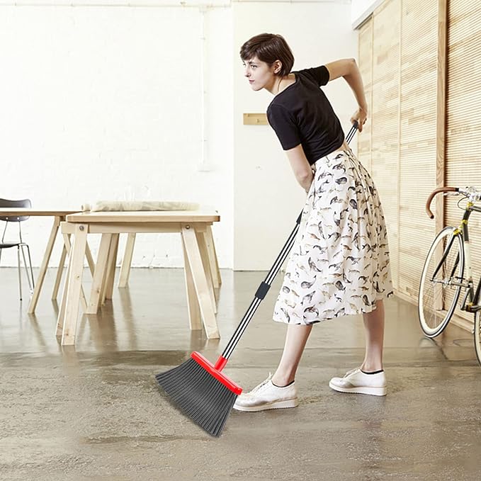 Upgrade Broom and Dustpan Set, Broom with Dustpan Combo Set, Large Size and with Long Handle, Upright,Ideal for Indoor Outdoor Garage Kitchen Room Office Lobby Use (Black&Red)
