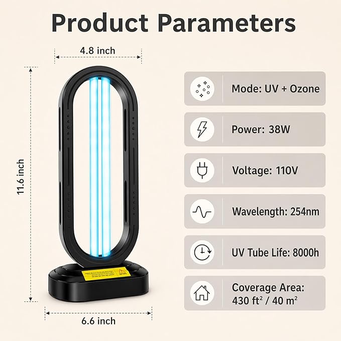 Feefir UV Light Sanitizer,UVC Home Disinfection Device,Portable UV Lamp | 4-Speed Timing and Remote Control ,Ultraviolet Light Sanitizer Effectively Mold Remover and Dust Mites,for Whole Room,Black
