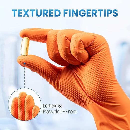 Borje Orange 8 Mil Nitrile Disposable Gloves, Heavy-Duty Mechanic Gloves, 100 Count, Large, Latex & Powder Free with Raised Diamond Texture, Industrial, Automotive, Gardening