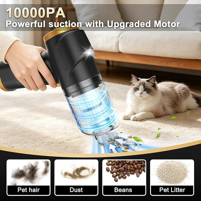 3-in-1 Cordless Handheld Vacuum Cleaner, 10KPa Car Vacuum and Air Duster,Type-C Rechargeable with Washable HEPA Filter and LED Light for Car Interior,Home,Office and Pet Hair