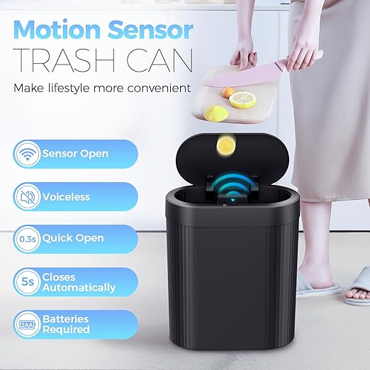 jinligogo 3 Pack 5 Gallon Bathroom Trash Can with Lid, Automatic Motion Sensor Black Trash Can, Touchless Slim Waterproof Garbage Bin for Kitchen, Bedroom, Office, and Bathroom