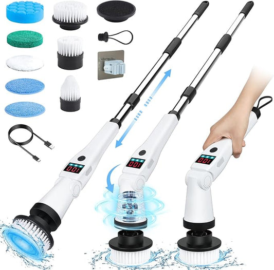 Electric Spin Scrubber, Shower Scrubber with Long Handle, Rechargeable Cordless Power Scrubber, Retractable & Adjustable Angle Spin Brush for Cleaning Bathroom/Tub/Floor/Tile (Black-White)
