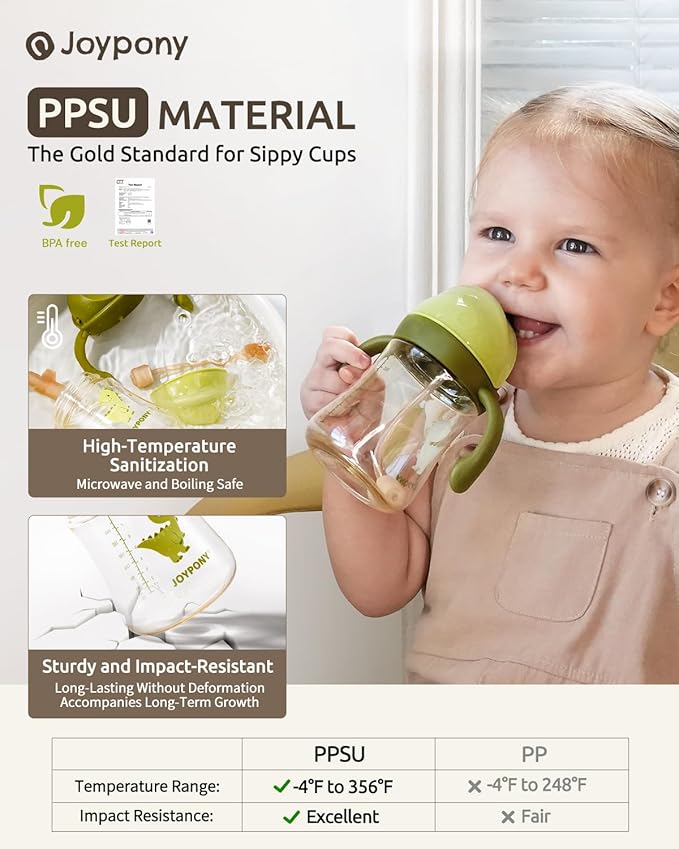 Joypony Sippy Cups for Toddlers 1-3, Spill Proof Weighted Straw Cup with Handle for Baby 6 Months + old, 2 Silicone Straws, PPSU, BPA Free, 9 oz (Green)