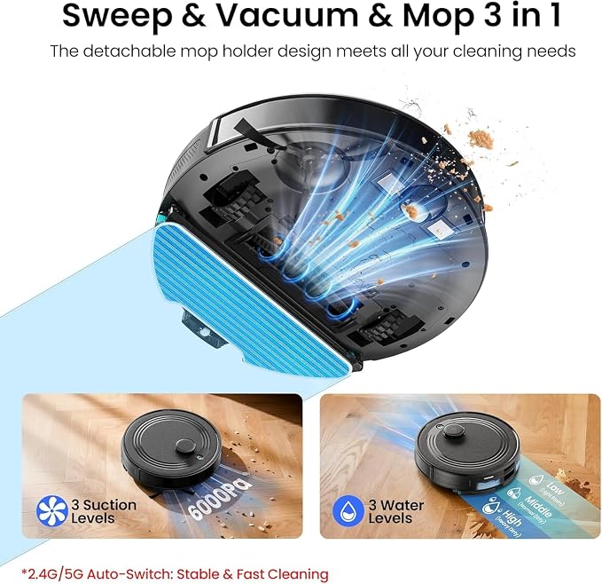 Lefant Robot Vacuum and Mop Combo,75-Days Self-Emptying,7000Pa Powerful Scution,Multi-Floor Mapping, No-Go Zones,140 Min Runtime,2.4G/5G WiFi/Alexa/APP/iWatch, M2 Plus Black