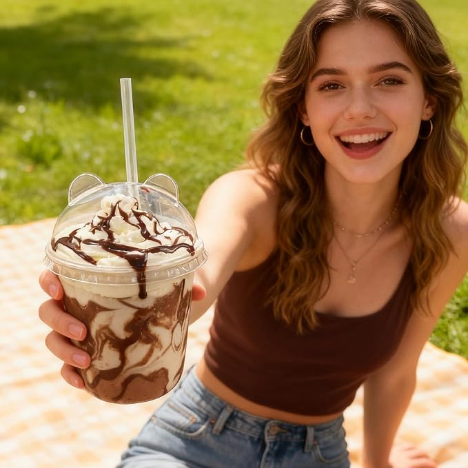 Qsqwsuye 50 Sets 12oz Disposable Transparent Plastic Cup with Panda Lids & Straws, Easy-to-Grip Design, Suitable for Iced Coffee, Milk Tea,Milkshakes,Perfect for Holiday Parties,Various Dining Occasio