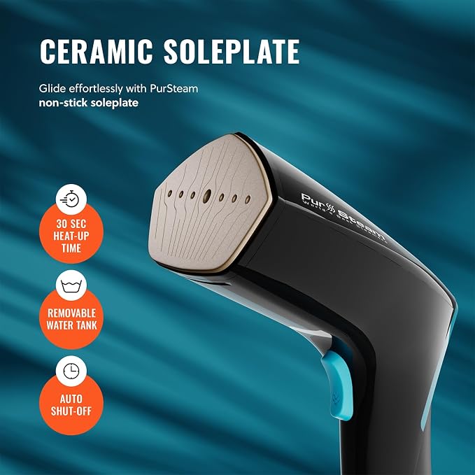 PurSteam Handheld Garment Steamer – 30-Sec Heat-Up, 3 Steam Settings | 1650W | 25-Min Continuous Steam | 8.45 oz Removable Tank | Ceramic Soleplate | Auto Shut-Off | Portable for Home & Travel