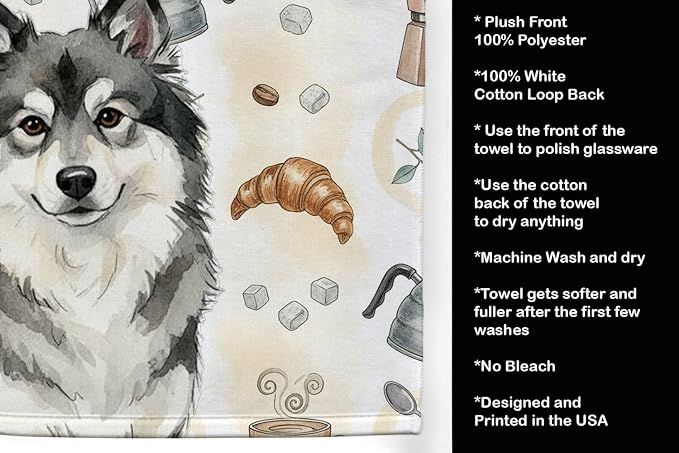 Caroline's Treasures Keeshond Coffee Bar Kitchen Towel Velour Plush Front and Cotton Loop Back Machine Washable