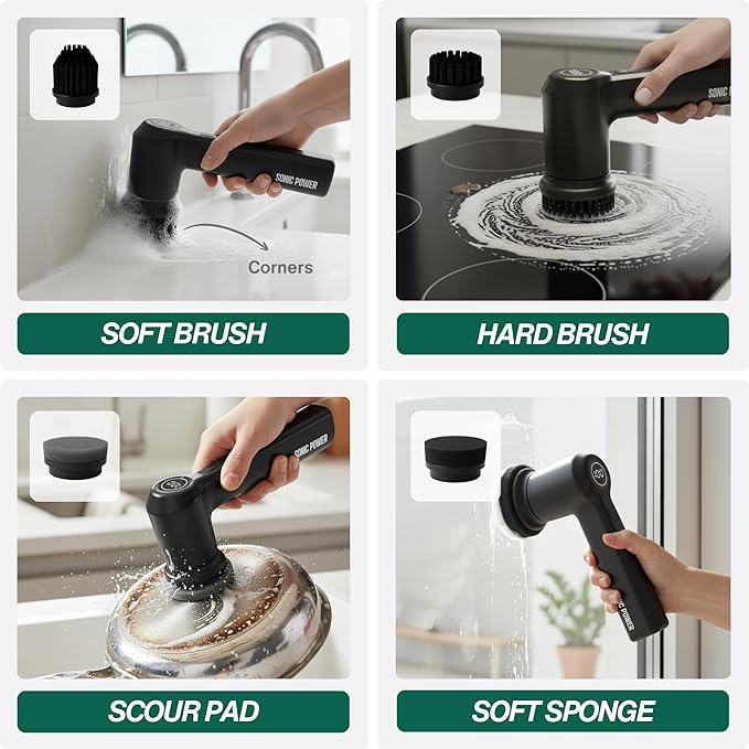 SonicPower Electric Spin Scrubber – Handheld & Ergonomic, IPX7 Waterproof, 4 Multi-Purpose Brush Heads, Long-Lasting Rechargeable Battery – Cleans Dishes, Bathroom, Tile, Grout & Kitchen (Black)