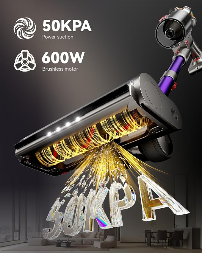 Cordless Vacuum Cleaner, 50KPA 65Mins XL Dust Cup Vacuum Cleaners for Home, Stick Vacuum with Anti-Tangle Brush,LED Display,Self-Standing, Vacuum Cordless for Hardwood Floor, Carpet, Pet Hair