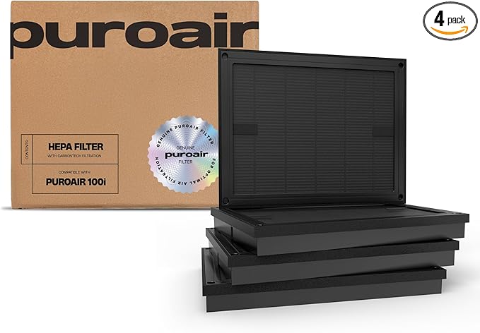 PuroAir Air Purifier Genuine 100i Replacement Filter - HEPA Air Filter for PuroAir 100 Air Purifier Official Filter CarbonTech 3-Layer Defense Filters 99.9% Pollen, Dust, Dander, Smoke, Odors (4PK)