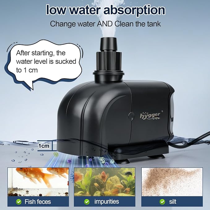 hygger 2-in-1 400GPH Submersible Pump 25W,Side and Bottom Suction Fountain Water Pump with 6.6ft High Lift,Quick Water Change with 4 Interchangeable Nozzles for Aquarium, Fish Tank, Hydroponics,Pond